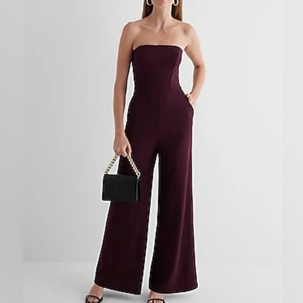 Express Strapless Burgundy Wide Leg Jumpsuit- Small